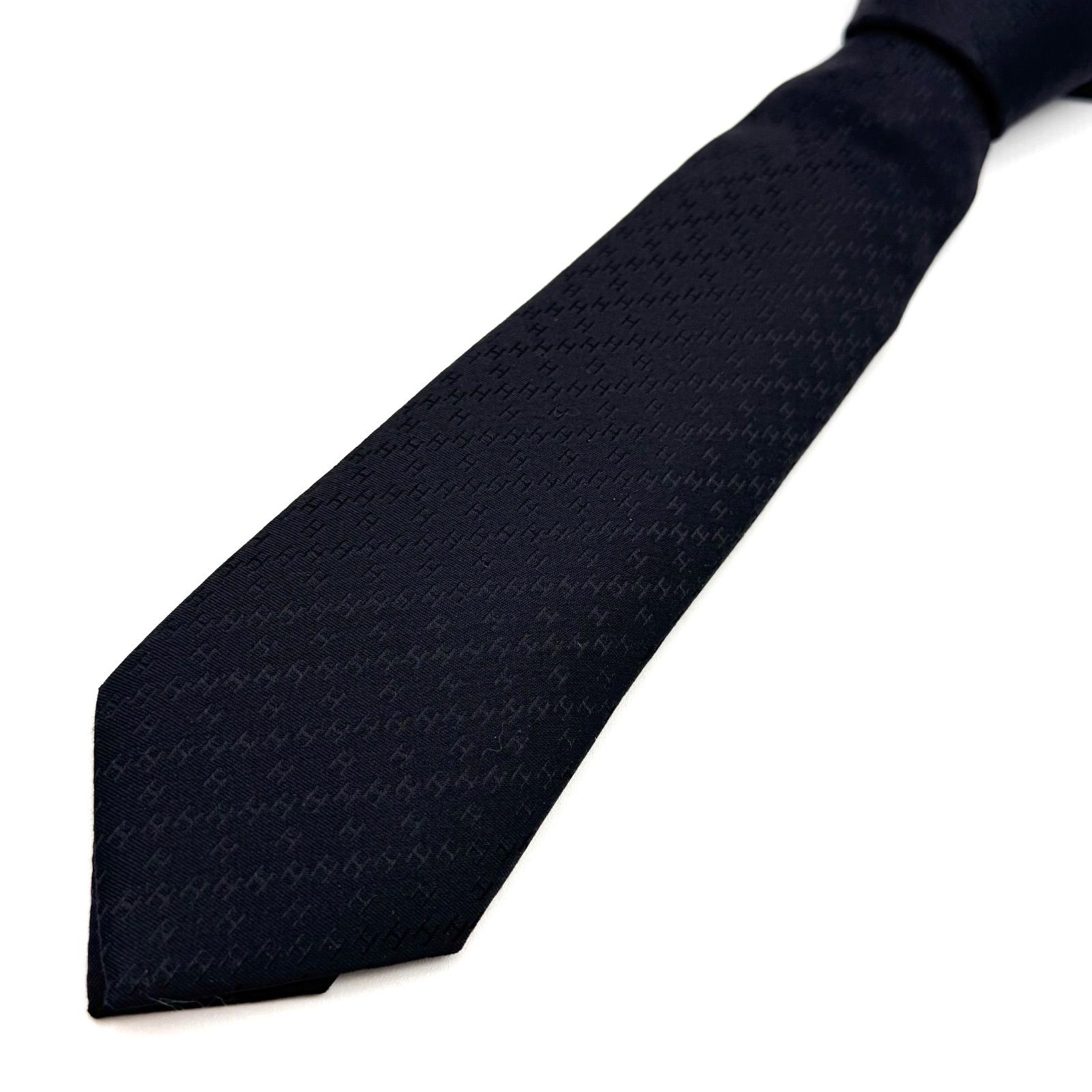 Hermes Fasone H Pattern Jacquard Black Silk Tie with Tag & Box