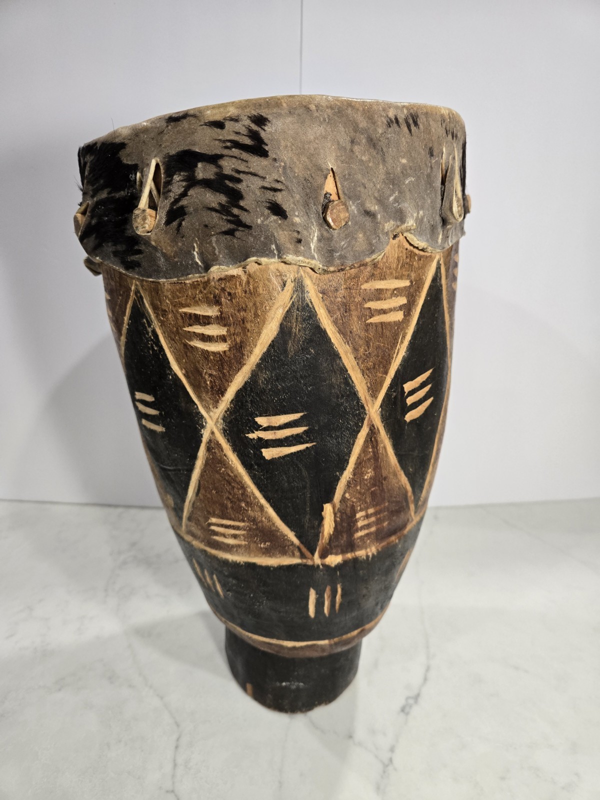 Vintage Handcrafted Tribal Drum Musical Instrument with Animal Fur Finishings