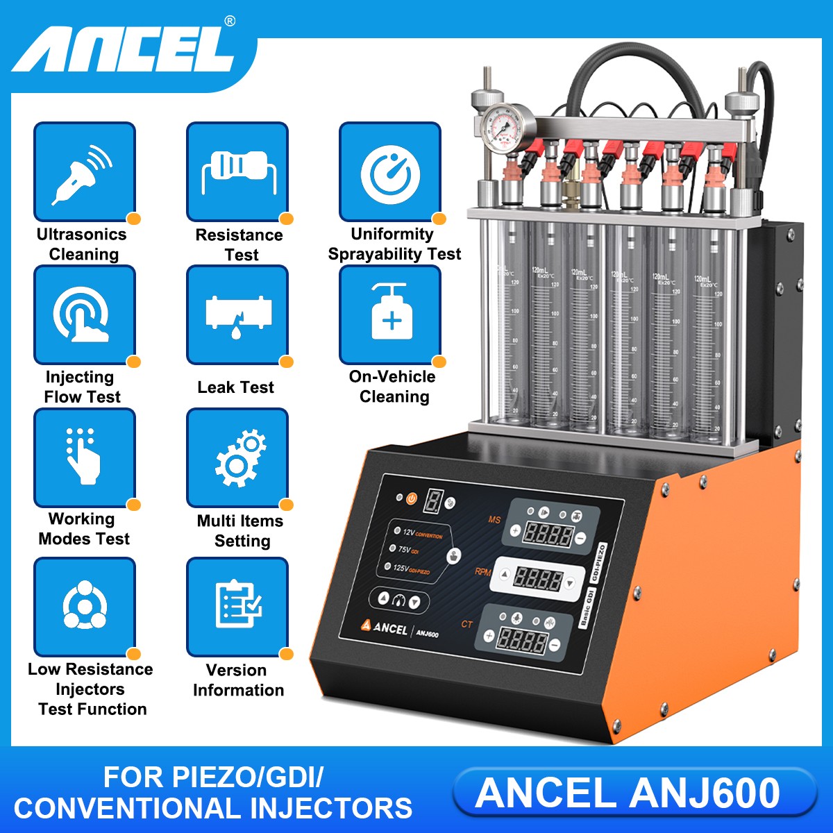 ANCEL ANJ600 GDI Ultrasonic Fuel Injector Cleaner Tester 6-Cylinder Leak Test