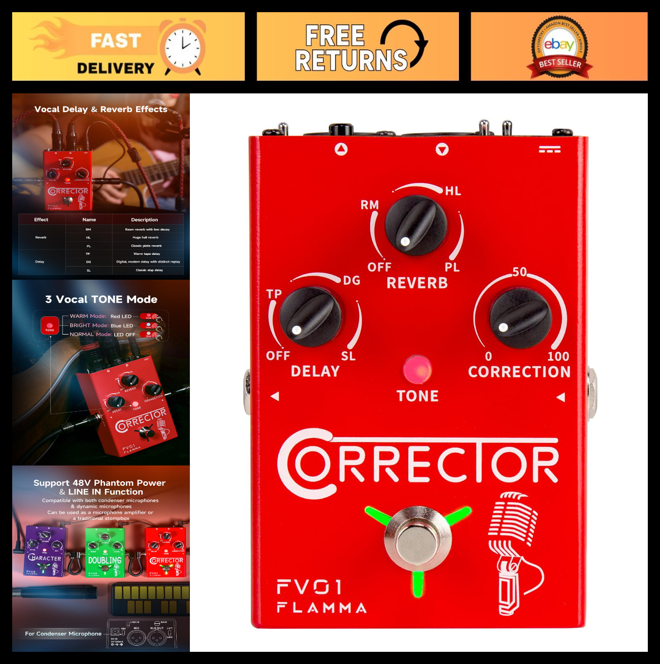 Vocal Effects Processor Pedal with Pitch Correction & Reverb for Live Singing, S