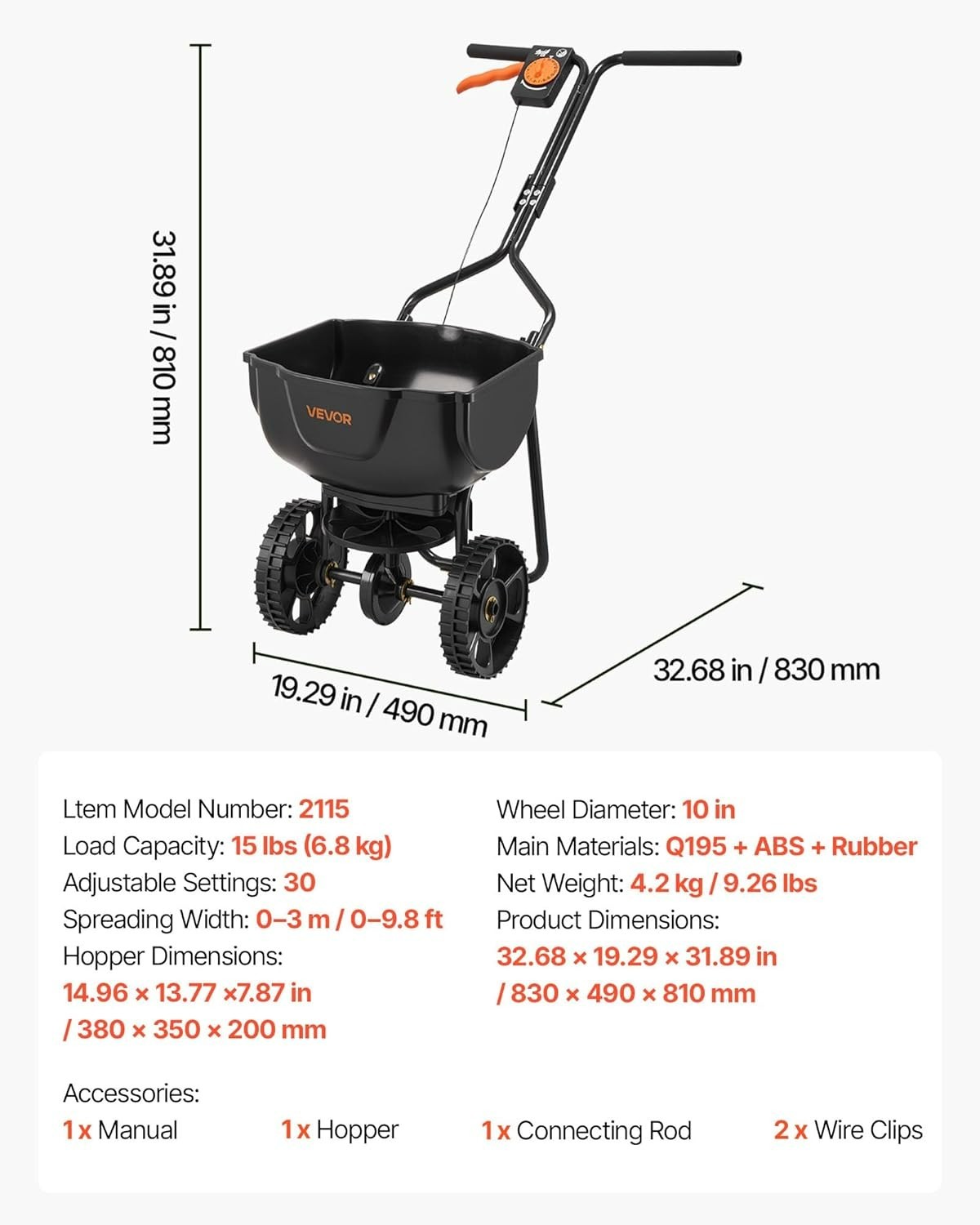 Broadcast Spreader, 9.8ft Spreading Width, Push Broadcast Spreader with 10" ...