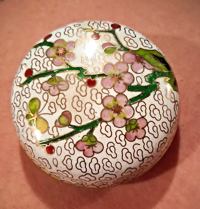 Small Round Ceramic Floral Trinket Box, Lidded Glossy White Pink Green Cloissone