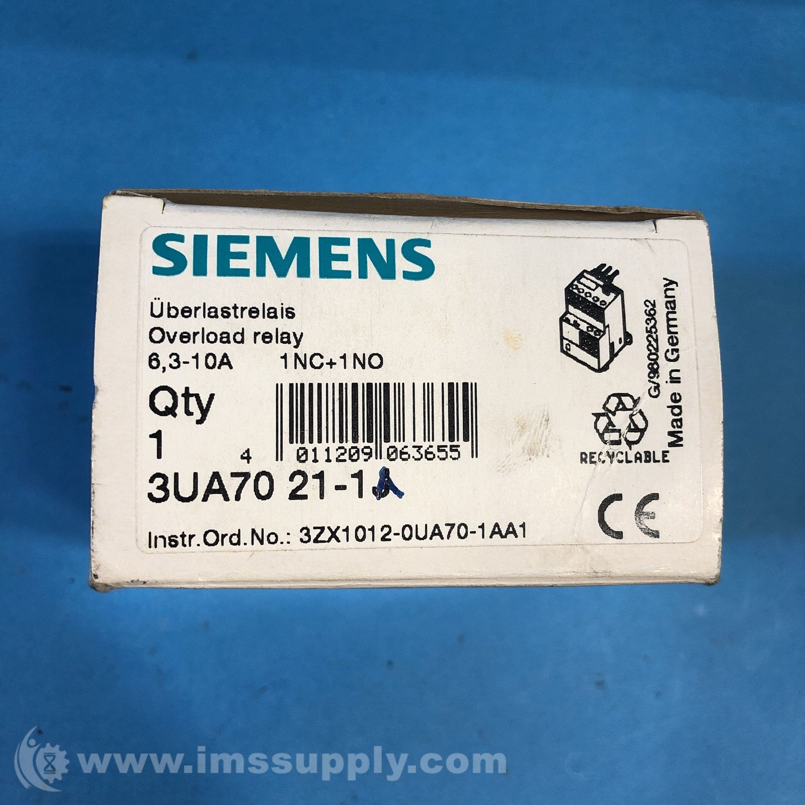 Siemens 3ZX1012-0UA70-1AA1 Overload Relay, 6.3-10A W/1NO 1NC AUX FNOB