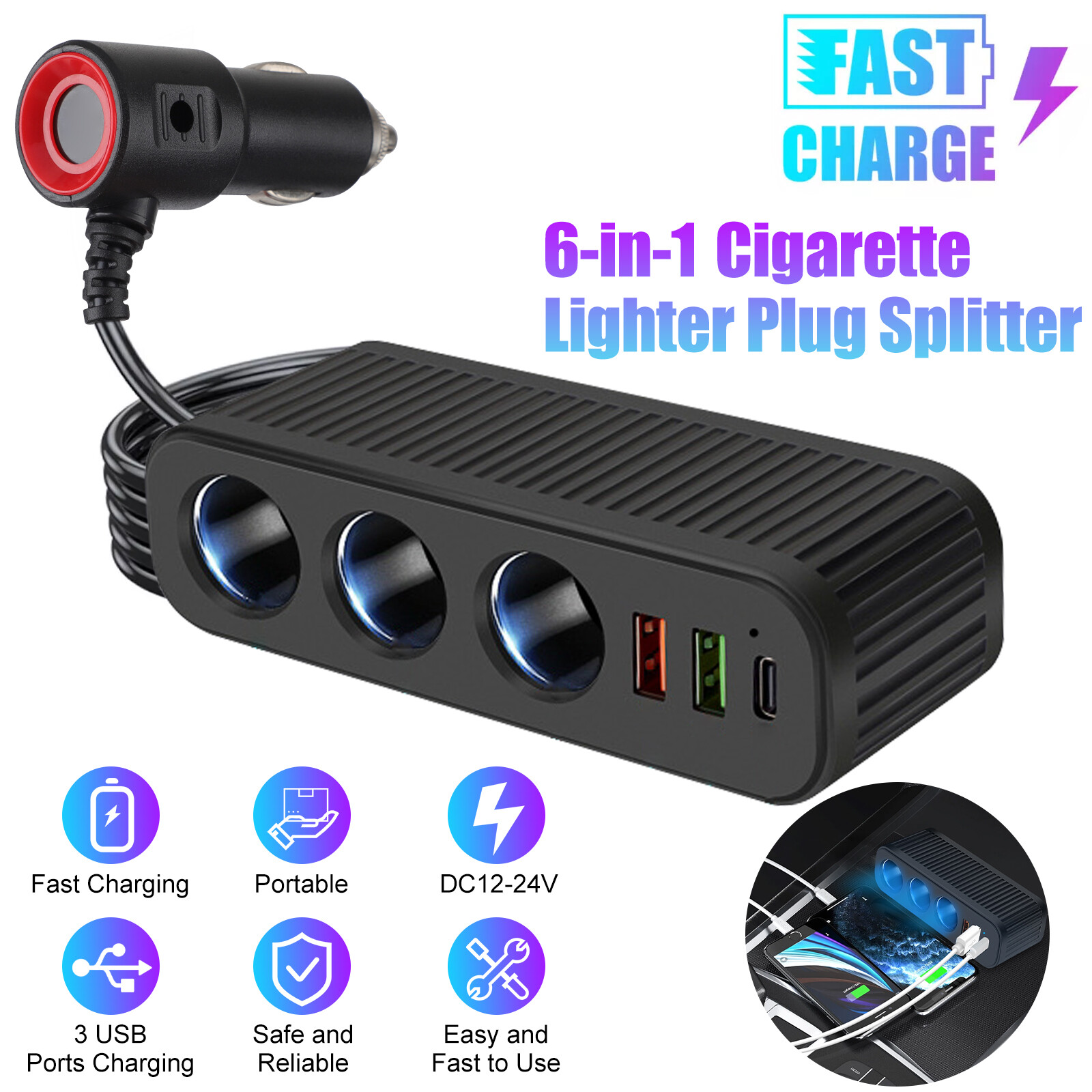 3Way Car Cigarette Lighter Socket Splitter Dual USB PD Charger Power Adapter 12V