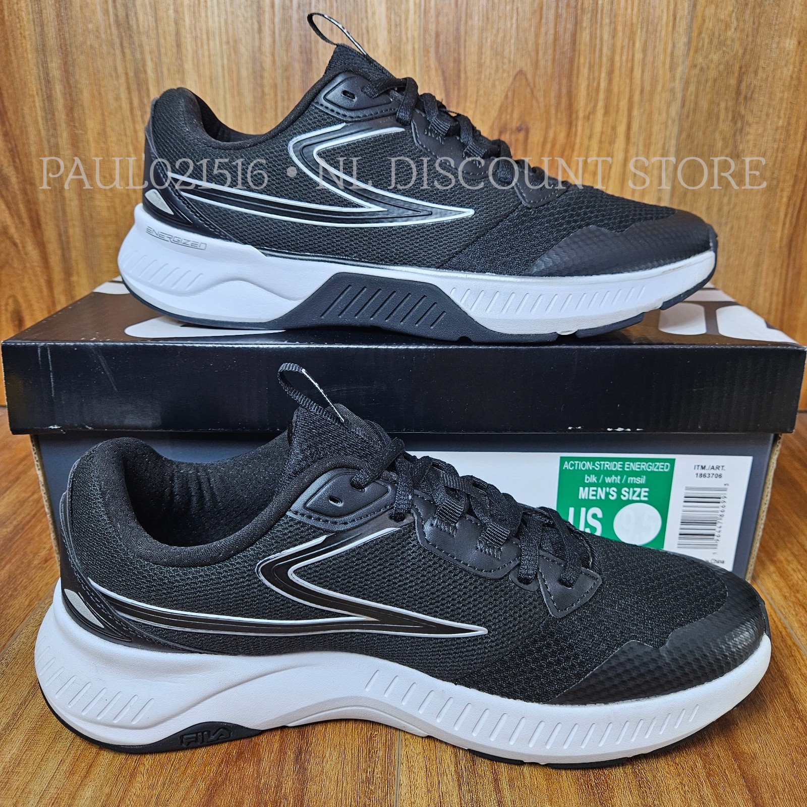 FILA Men's Action-Stride Energized Sneakers Shoes ~ Black ~ Size US 9.5