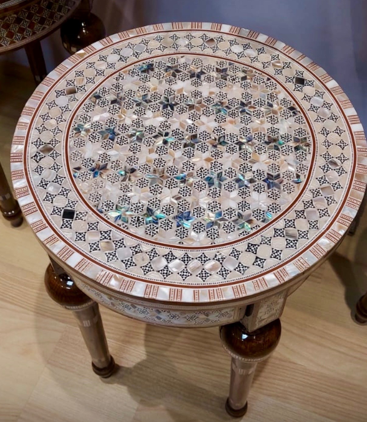 Egyptian Inlaid Mother of Pearl Paua Shell Wooden Table Round 12" (Piece of Art)