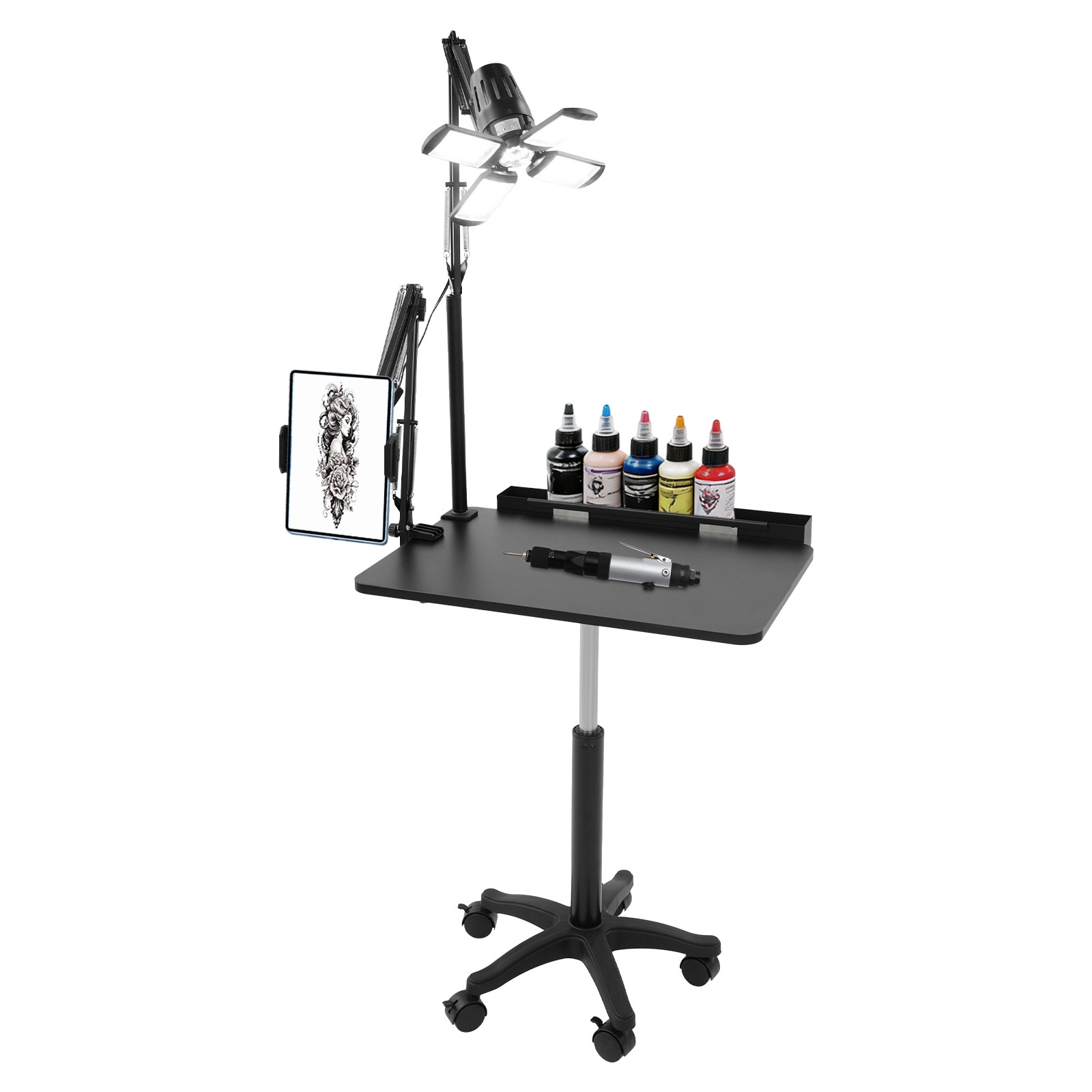 Black Salon Rolling Workstation With Led Light Adjustable Height Workstation