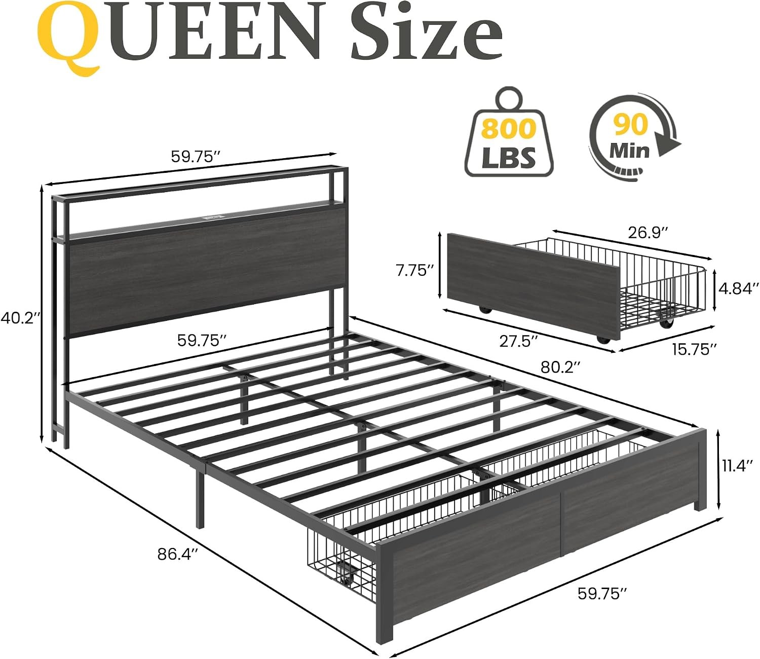 Queen Bed Frame with 2-Tier Storage Headboard, Bedroom Metal Bed Frame with 2