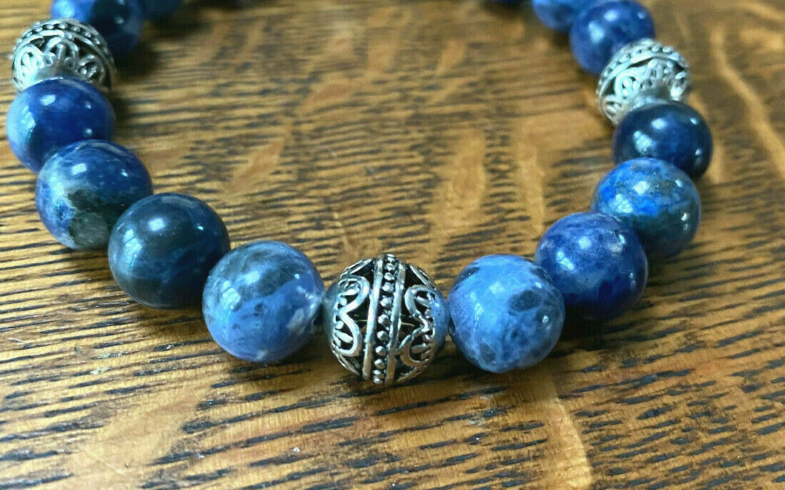 Handmade 10mm Unisex Natural Sodalite Gemstone & .925 Silver Bali Bead Bracelet