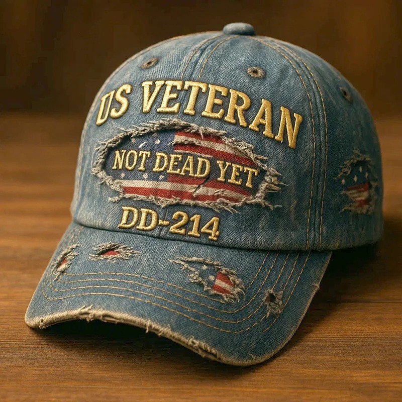 US Veteran NOT DEAD YET DD-214 Embroidered Distressed Denim Baseball Cap Blue