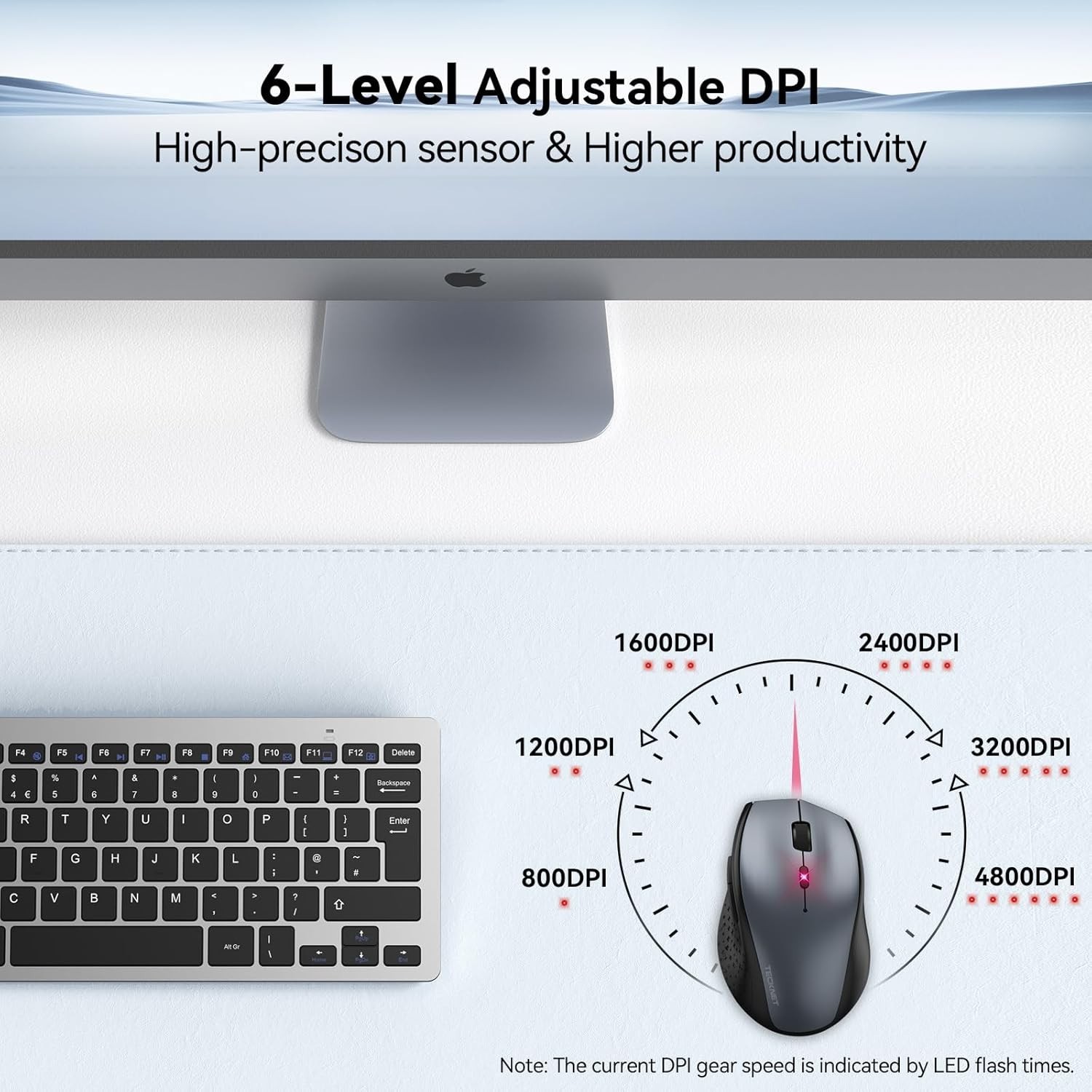 TECKNET Wireless Mouse, 2.4Ghz USB 4800DPI Silent Click Ergonimic gray