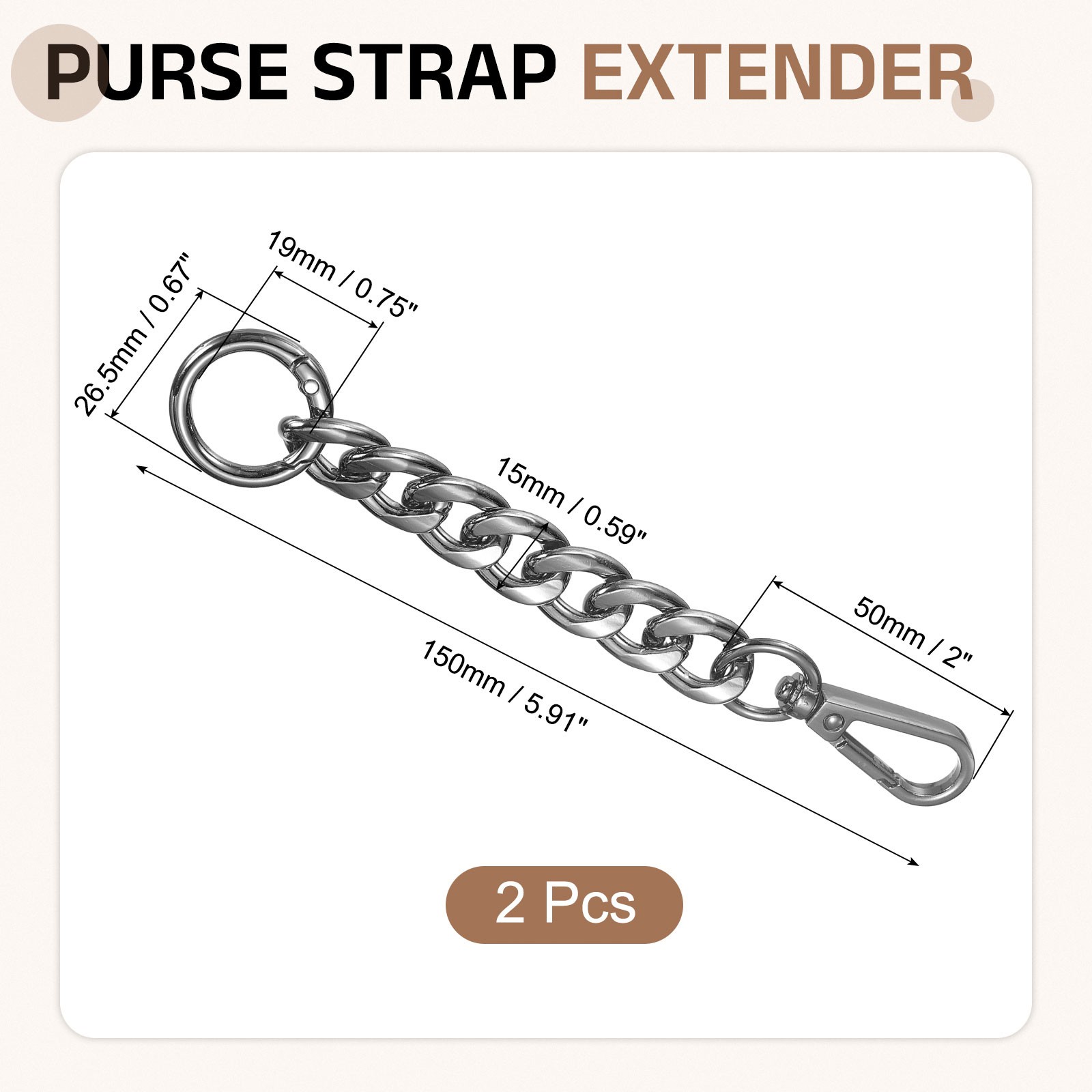 2Pcs Purse Strap Extender 5.9-Inch, Bag Extender Chain Black Grey, 0.6 Width