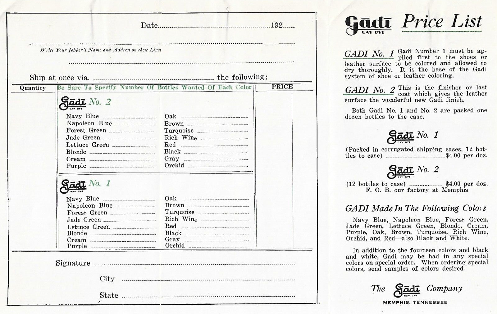 11 LOT~1929 GADI CO. LETTERHEAD/COLOR CHART/ADS~MEMPHIS, TN~SHOE DYES REPAIR/MFG
