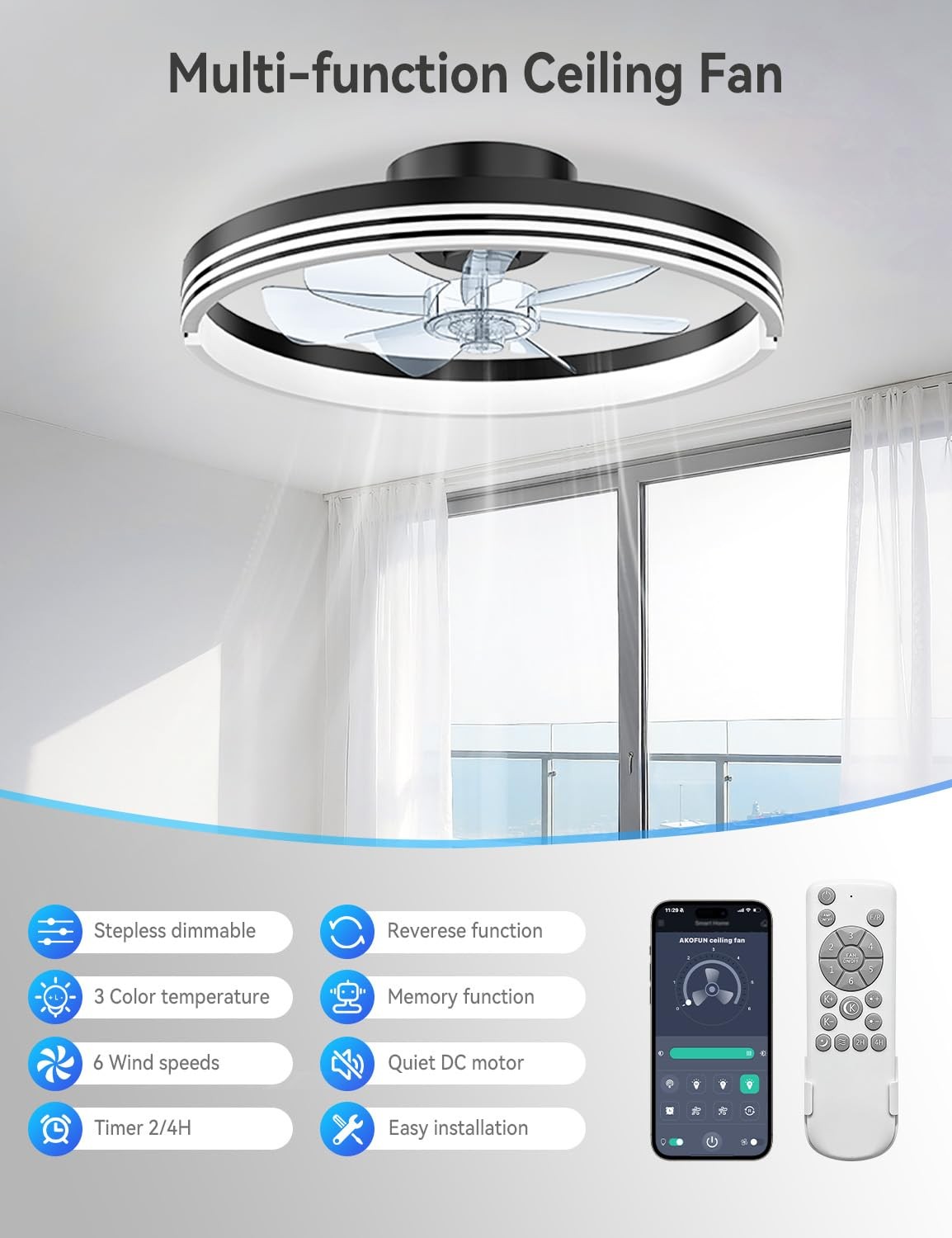 18" Ceiling Fans with Lights and Remote, Low Profile Flush Mount Ceiling Fan ...