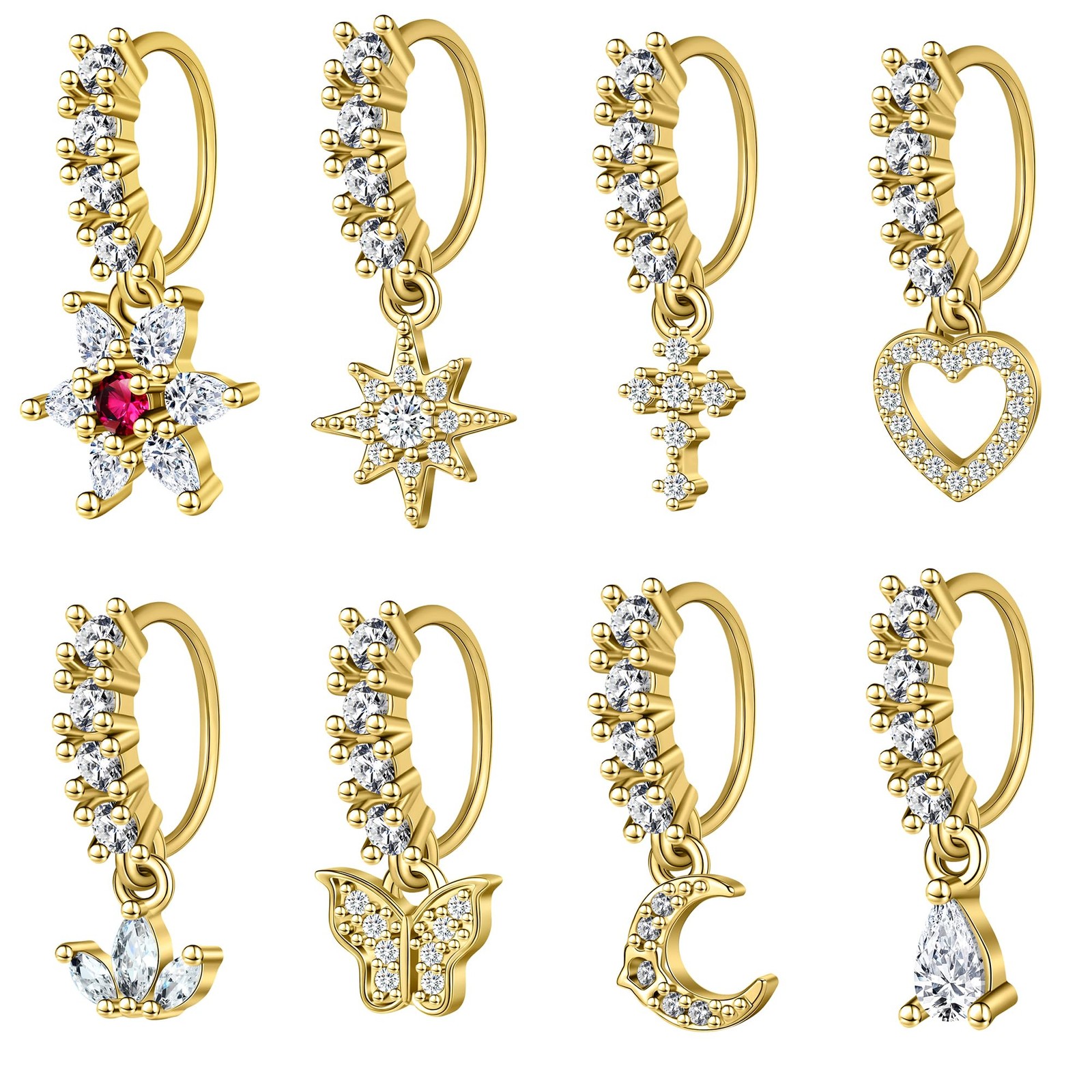 6ixGosh Dangle Nose Rings Hoop for Surgical Steel Women 8mm, Type-A Gold,8PCS