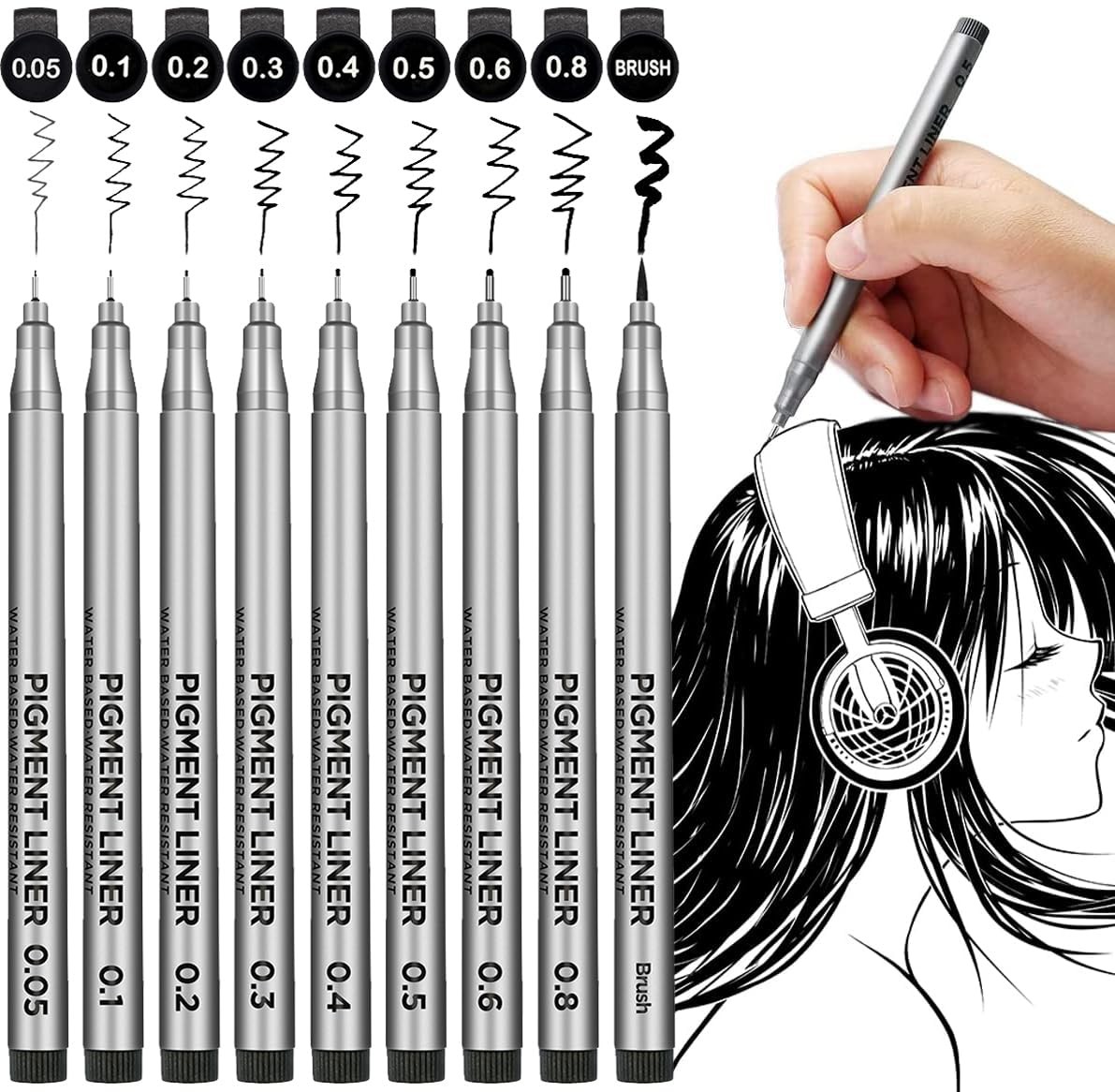Precision Micro-Line Pens, Set of 9 Black Micron Fineliner Ink Pens, Waterpro...