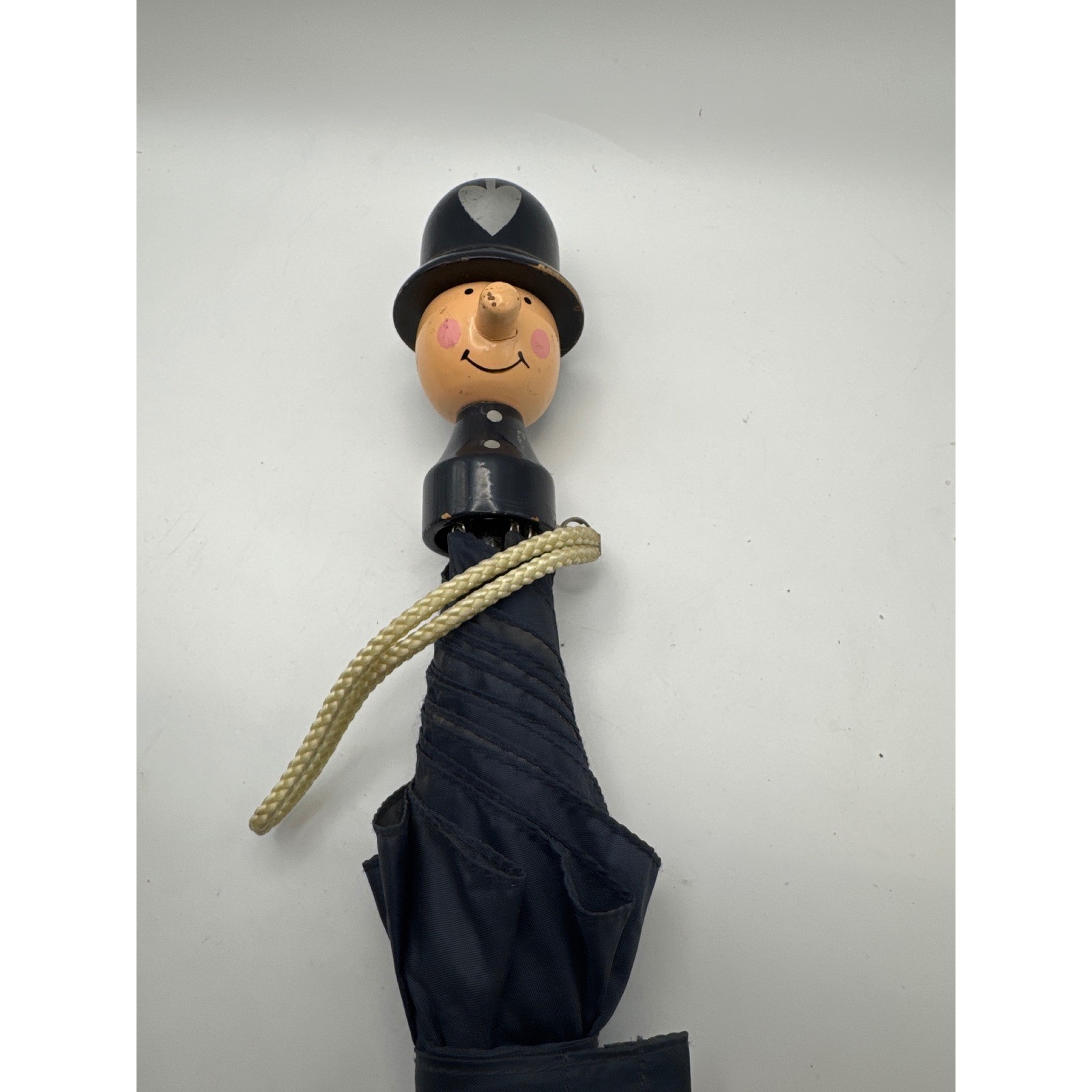 Vintage Navy Blue Umbrella Wooden Man in Bowler Hat Handle UK#8000P Novelty
