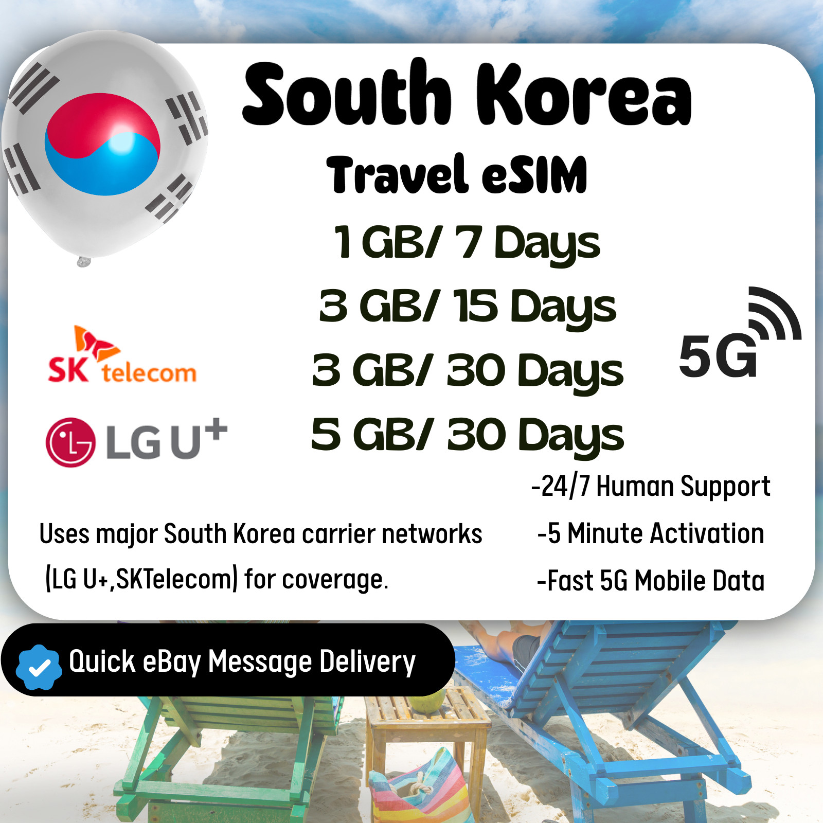 South Korea Travel eSIM Card, 1-5GB,7-30Days,QR Code,Same day  Delivery, Cheap,