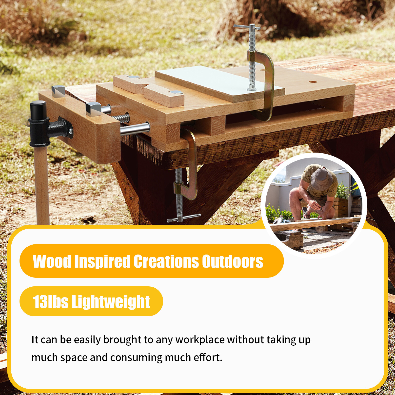 Mobile Workbench, Solid Beech Wood Workbench with 7.87-inch Clamping Range,