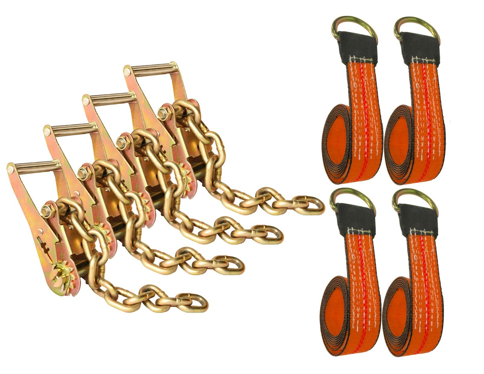 4 Pack 2" x 10' Lasso Wheel Lift Straps w/ Ratchets & G70 Chain USA