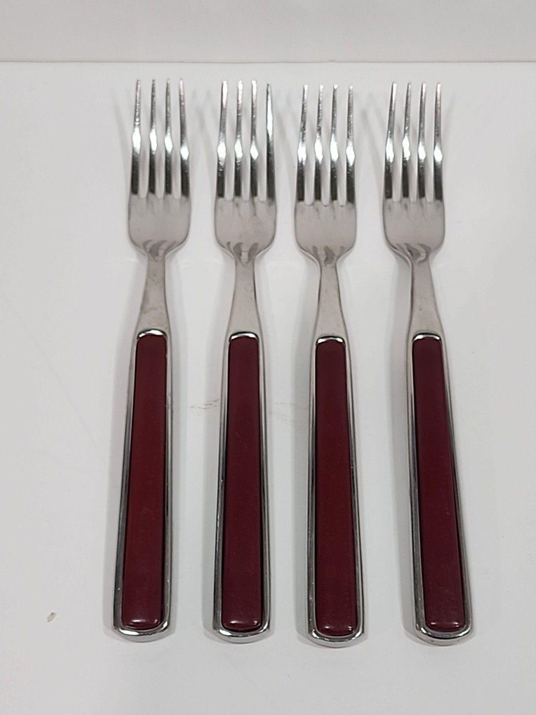 SEED of France INOX Burgundy Maroon Stainless Flatware Salad Forks Lot 4