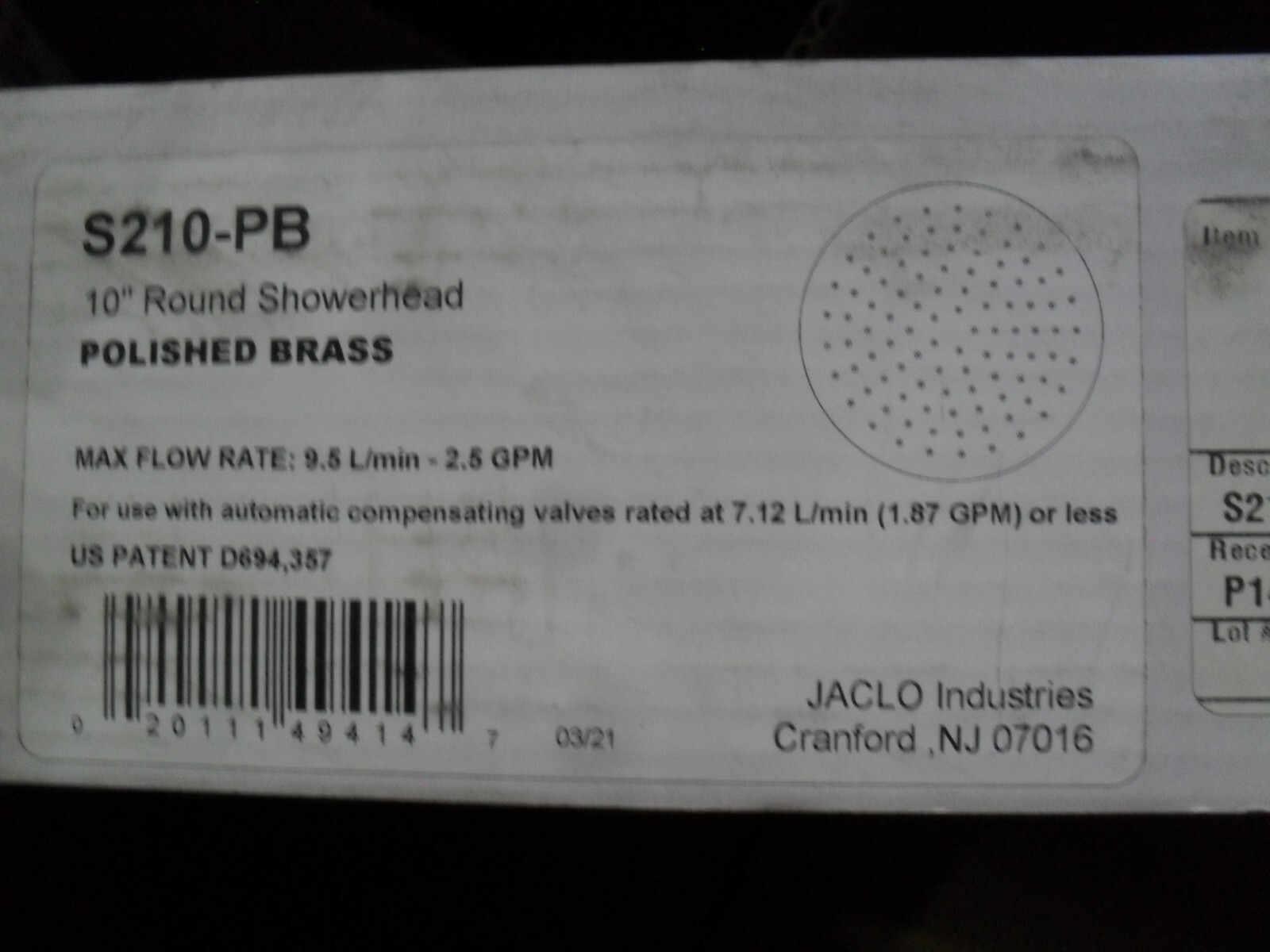 Jaclo S210-PB 10" Round Showerhead 2.5GPM Polished Brass