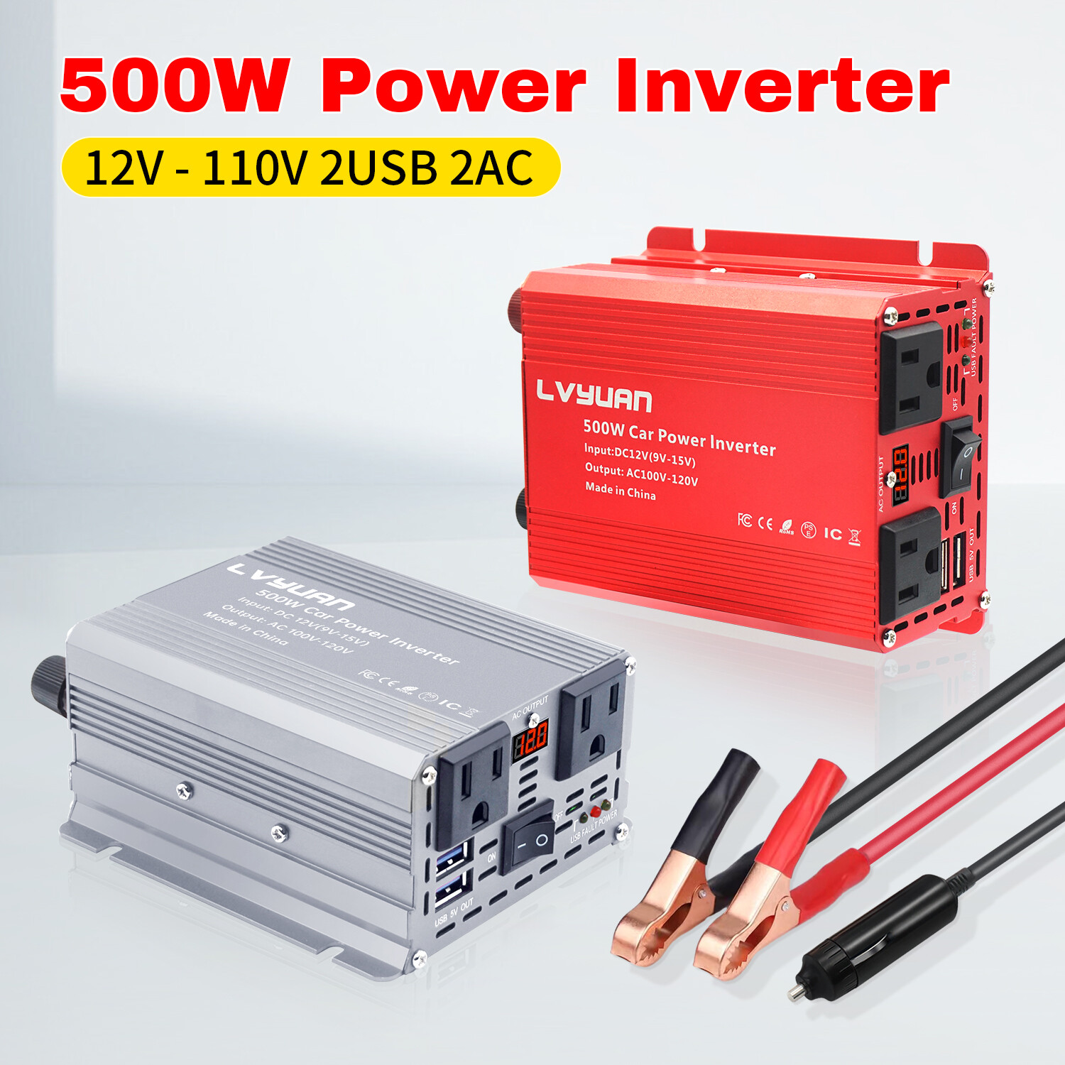 Car Power Inverter 500W 12V to 110V 120V with 2USB 2AC & LED Display Red Silver