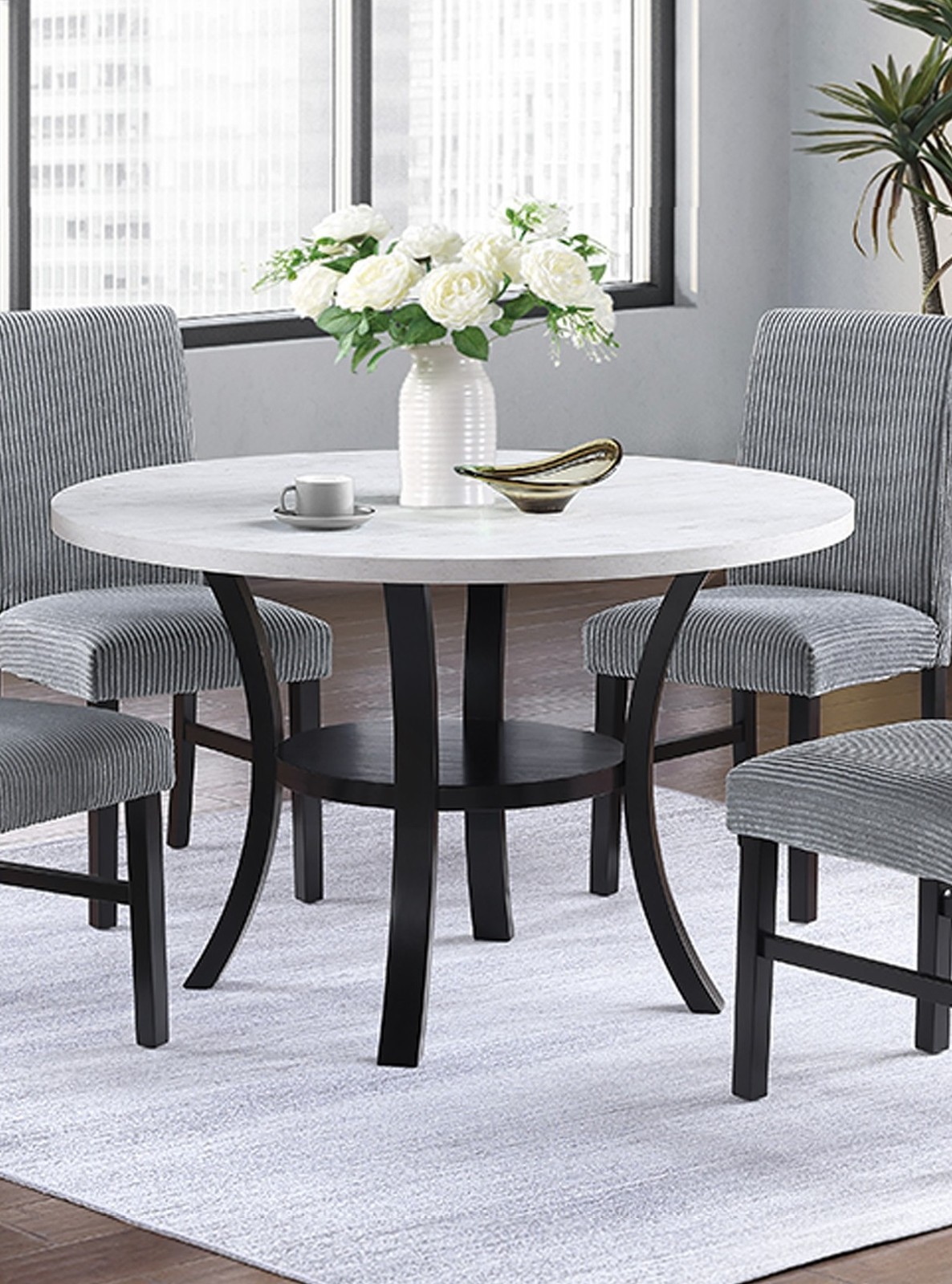 Modern Elegant 1pc Round Dining Table w Open Bottom Shelve White Top Black Cur