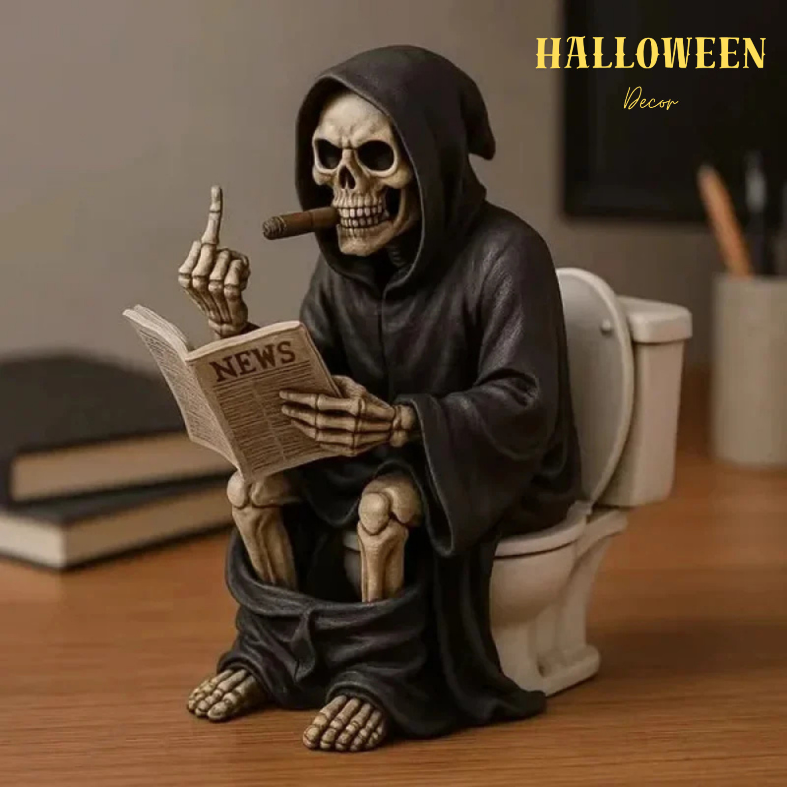 Halloween Skeleton Toilet Statue Gothic Grim Reaper Skull Home Decoration