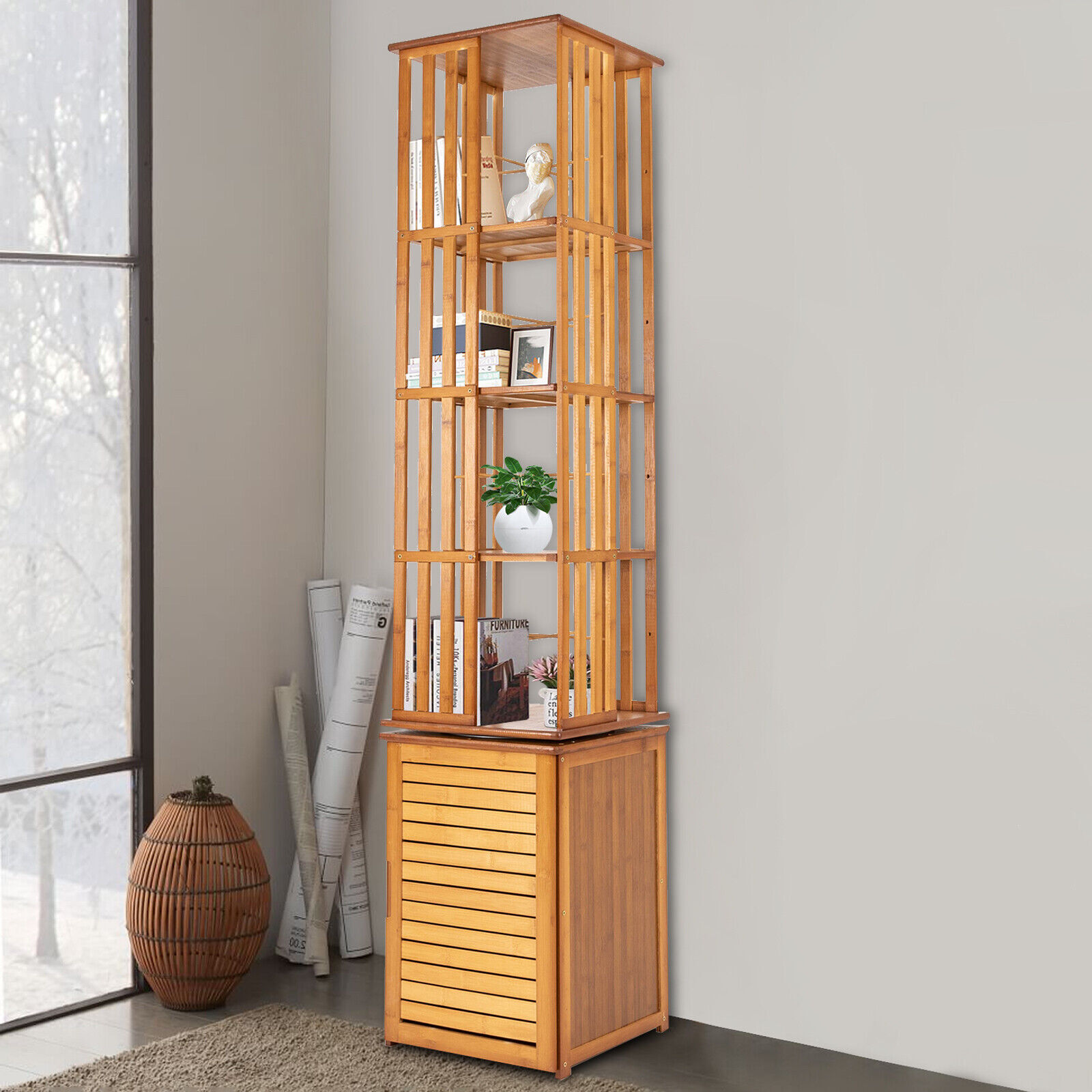 360° Rotating Bookshelf Wood Bookcase Storage Shelf Freestanding Display Rack US