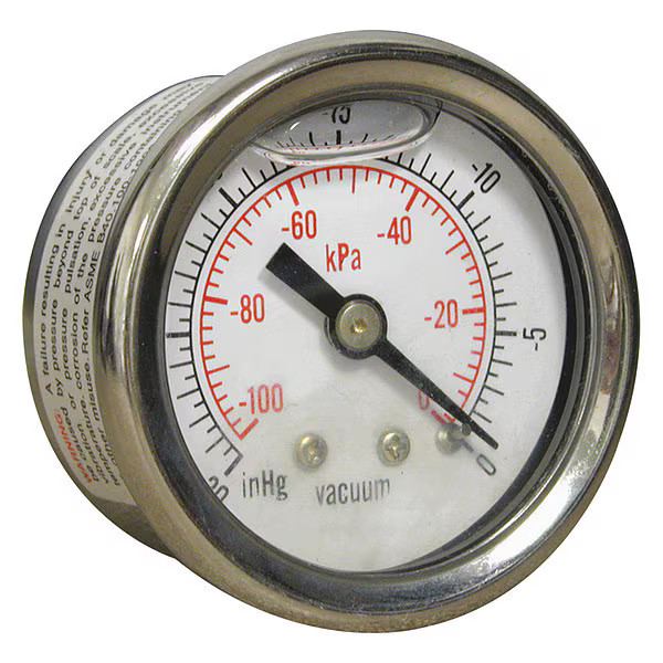 Industrial Vacuum Gauge, 30 to 0 psi, 1 1/2 in , 1/8 in NPT, Center Back