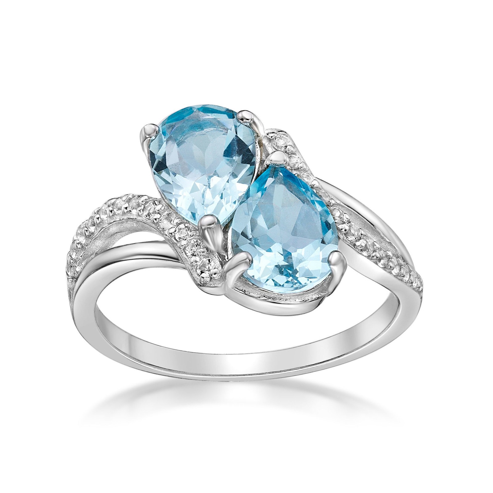Elegant Bypass Ring for Women Pear Shape Blue Topaz 925 Sterling Silver - Size 8