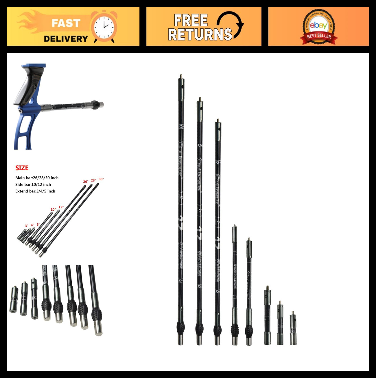Archery Bow Stabilizer 3-30 Inch Carbon Fiber Balance Bar Weight Silencer Dampin