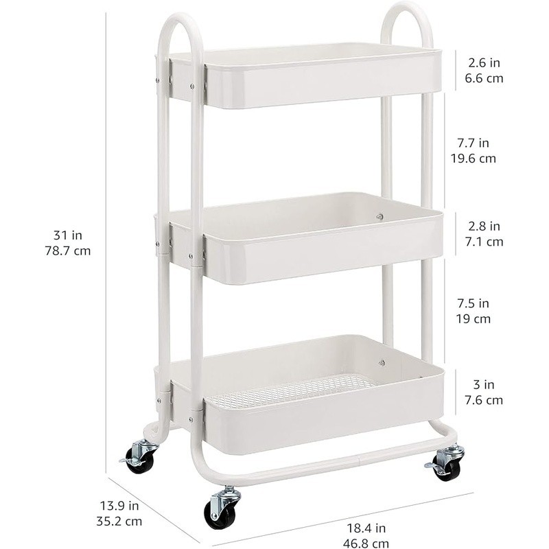 3-Tier Rolling Metal Utility Cart Kitchen Storage W/ Wheels & Push Handle New