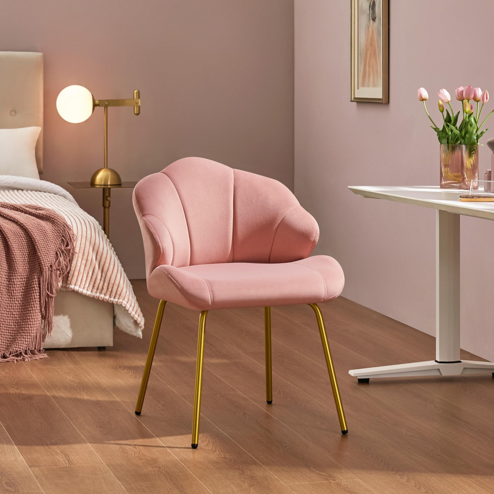 Yaheetech Vanity Chair, Velvet Accent Chair with 22.5"D x 22"W x 31"H, Pink