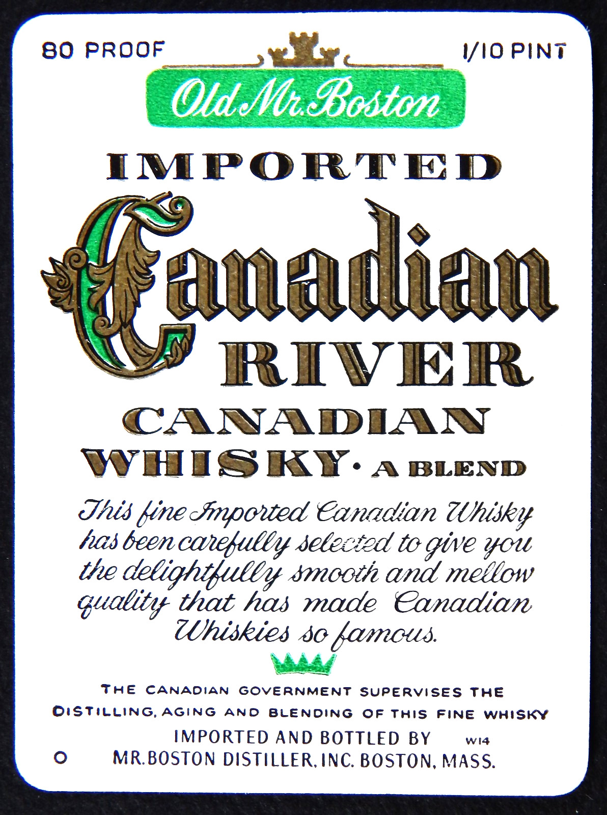 1960s OLD MR. BOSTON CANADIAN RIVER WHISKEY BOTTLE LABEL VINTAGE 1 3/4" x 2 5/8"