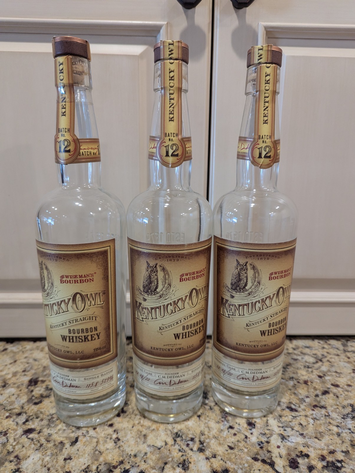 Kentucky Owl Batch 12 Bourbon Whiskey Empty Bottles 750ml Set of 3