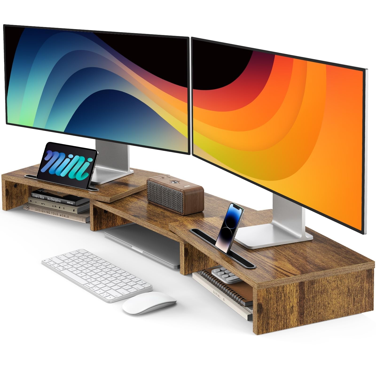 AMERIERGO Dual Monitor Stand Riser- 3 Shelf Screen Stand with Adjustable Leng...