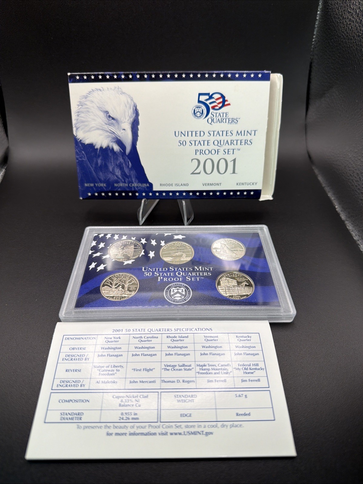 2001 UNITED STATES MINT 50 STATE QUARTERS PROOF SET - NY, NC, RI, VT, KY