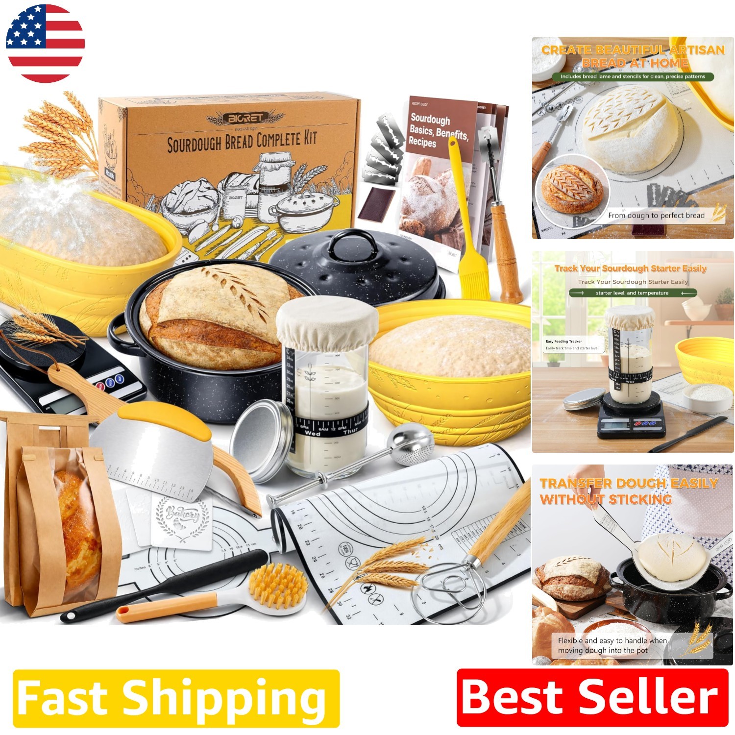 Sourdough Starter Kit: 34oz Glass Jar, 2 Silicone Baskets, Scale Markings, Be...