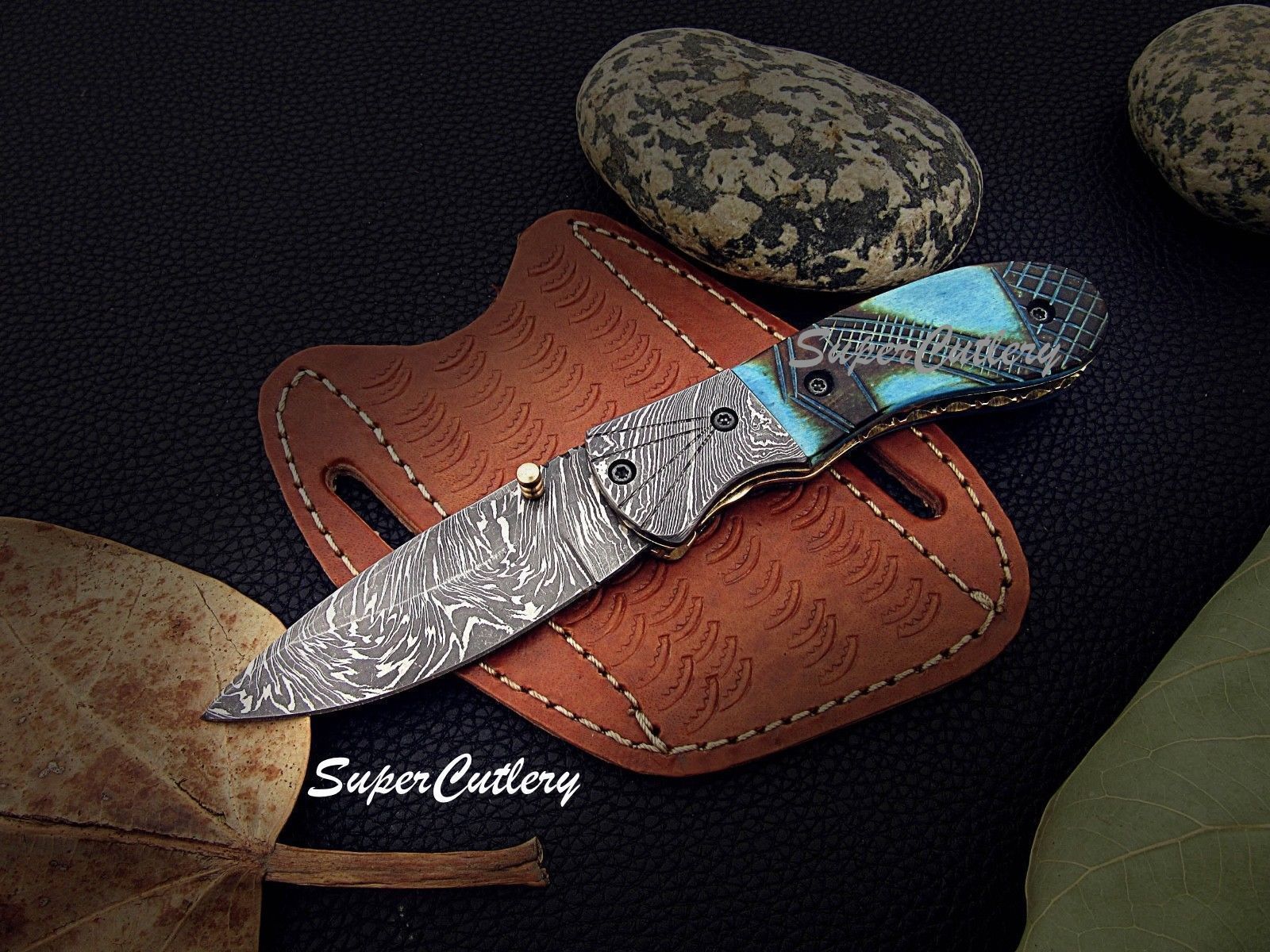 CUSTOM DAMASCUS STEEL POCKET FOLDING KNIFE- ENGRAVED FLAMED BONE LINER LOCK