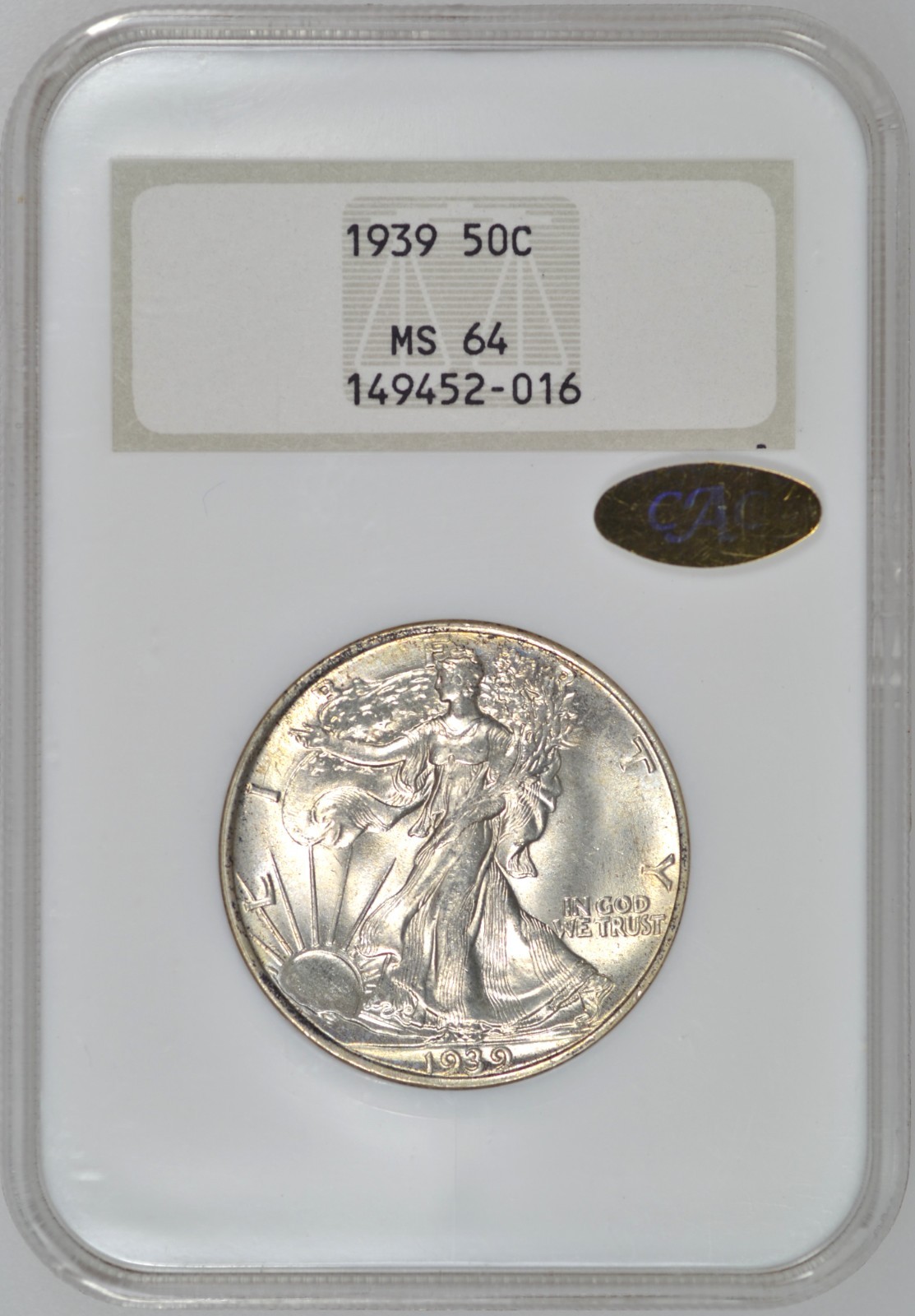 1939 WALKING LIBERTY HALF DOLLAR NGC MS64 GOLD CAC FATTY HOLDER
