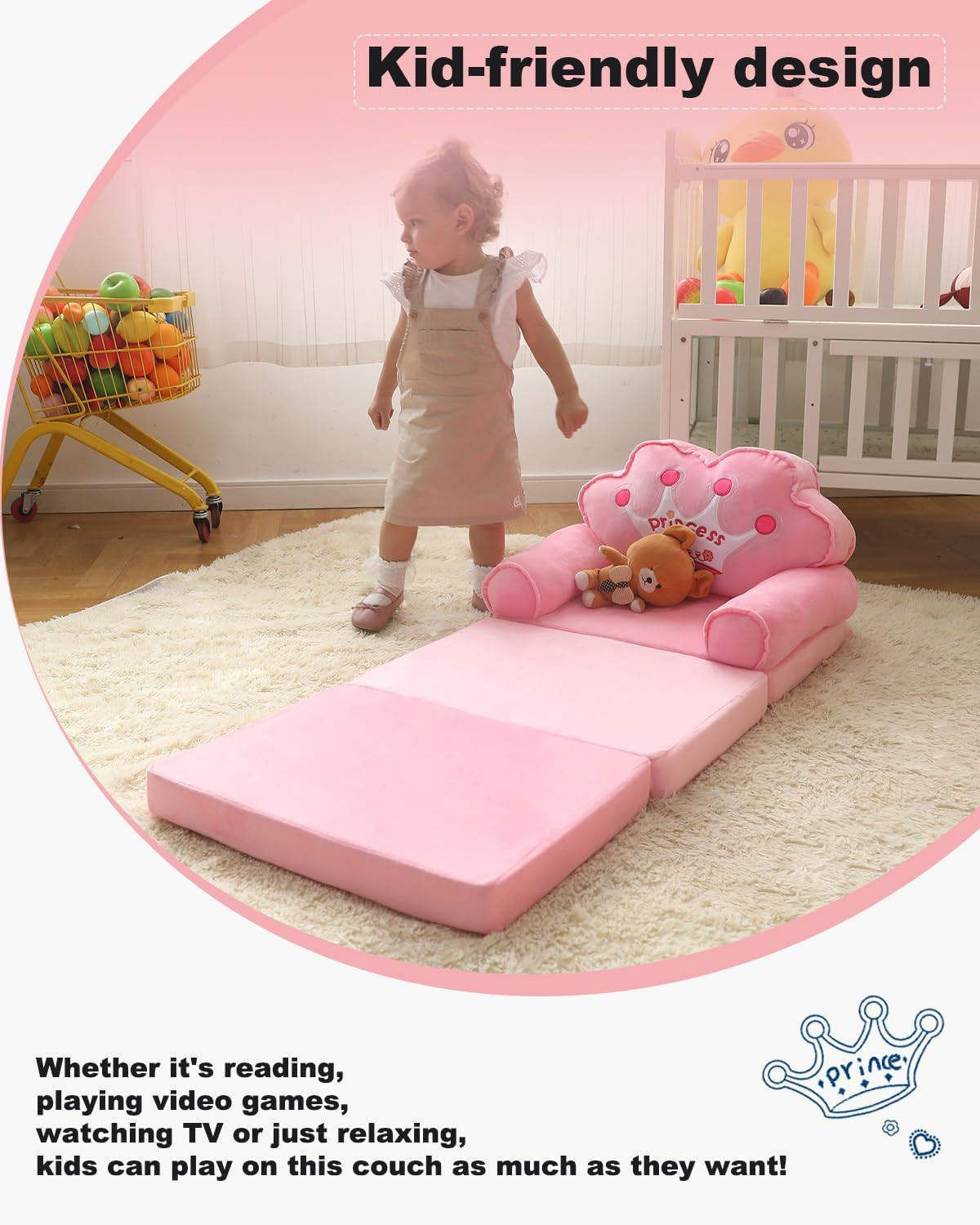Kids Couch Fold Out, Foldable Princess Chair for Toddlers 1-3, Kids Furniture fo