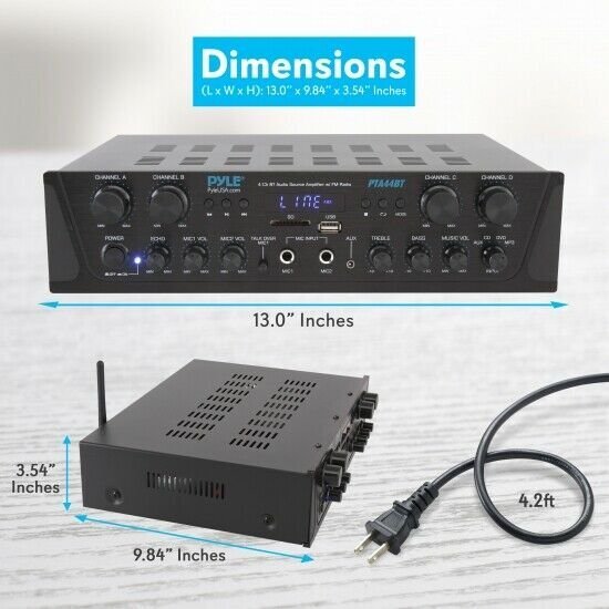 Pyle PTA44BT 4-Ch. Bluetooth Amplifier Stereo Receiver System, with FM Radio