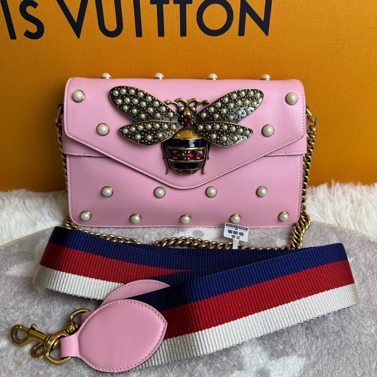 Gucci Queen Margaret Pink Calfskin Crossbody Bag with Bee Hardware & Web Strap