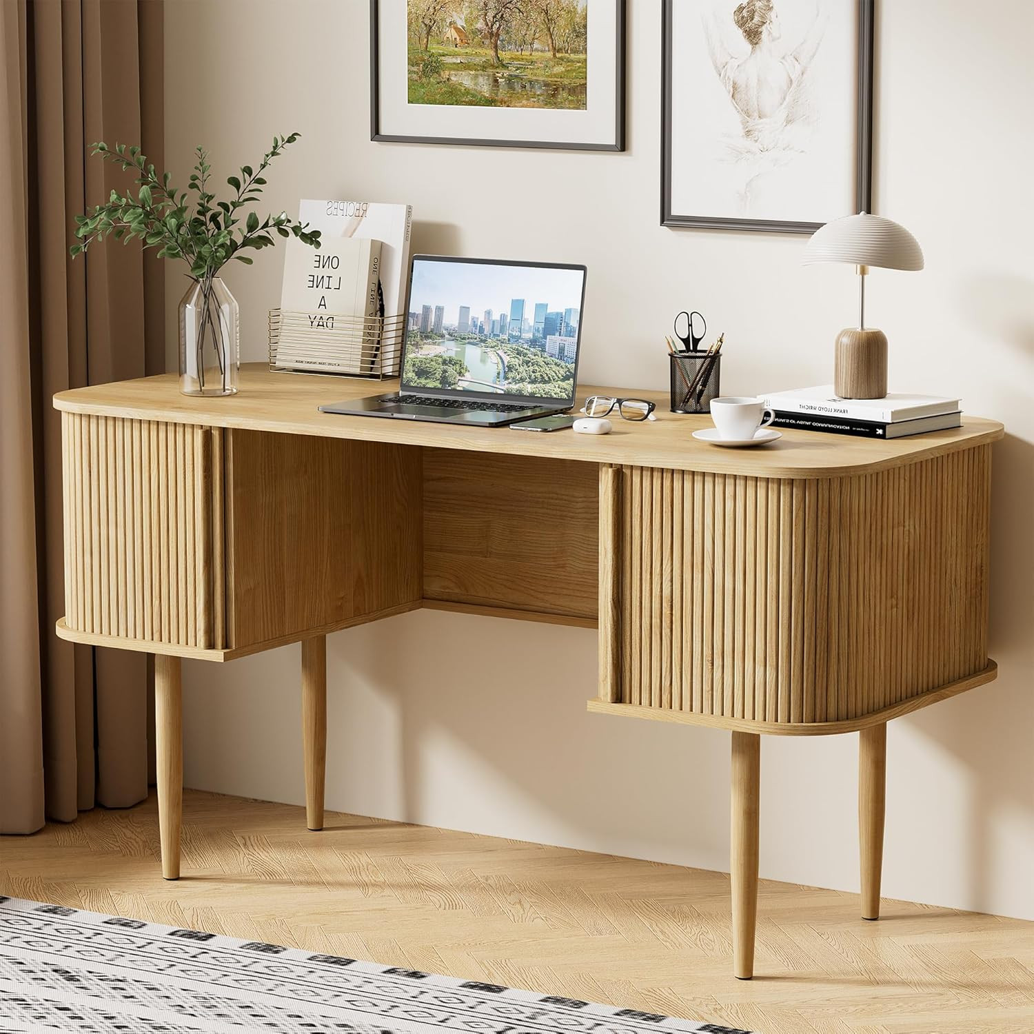 55" Modern Writing Desk, Wood Home Office Desk, Natural | Sliding Door Storage,