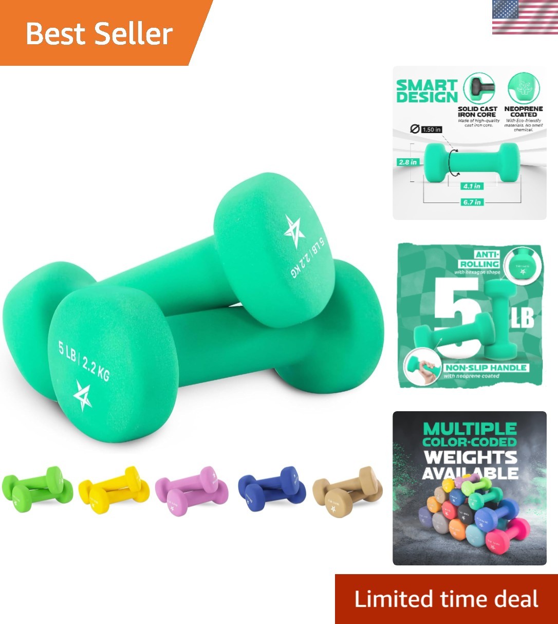 Neoprene Coated Dumbbell Hand Weight Pair- 2 x 5LB