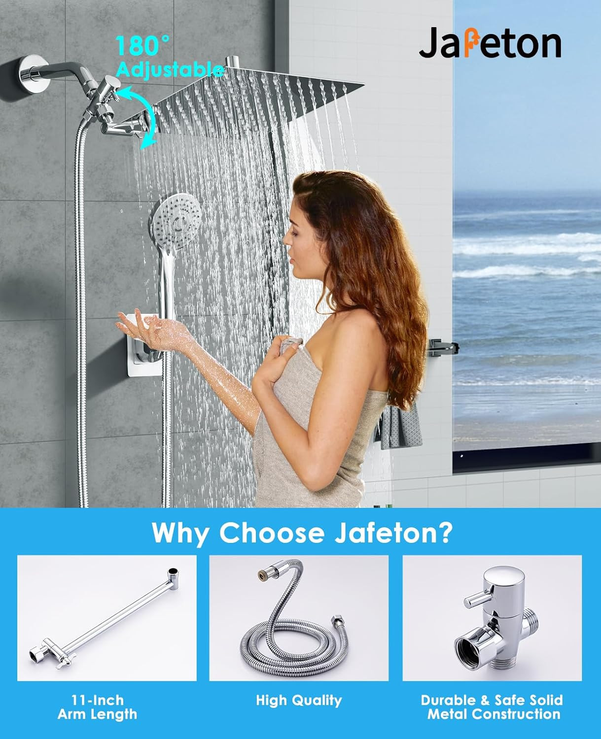 10" Rainfall Shower Head & Handheld Combo, 5 Modes, 9.8" Extension Arm, Chrome