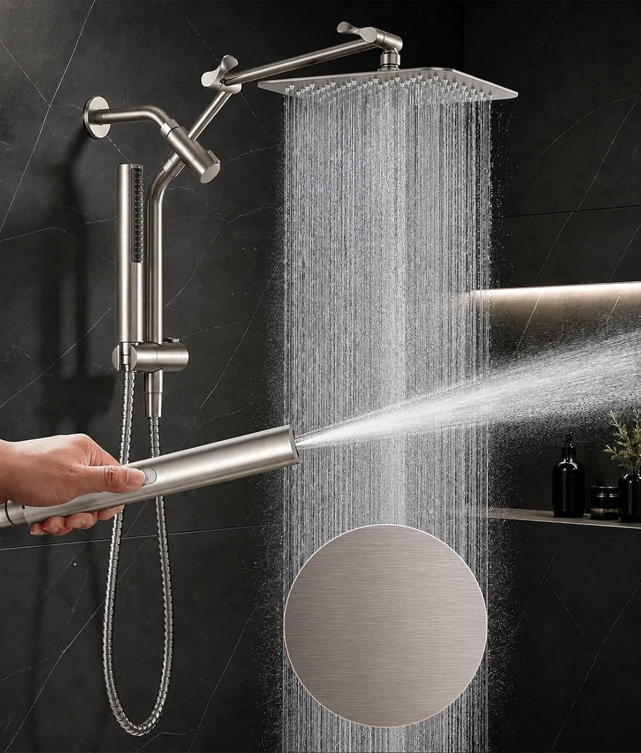 All Metal 10" Luxurious Brushed Nickel Rain Shower Head with Handheld | Dual Hig