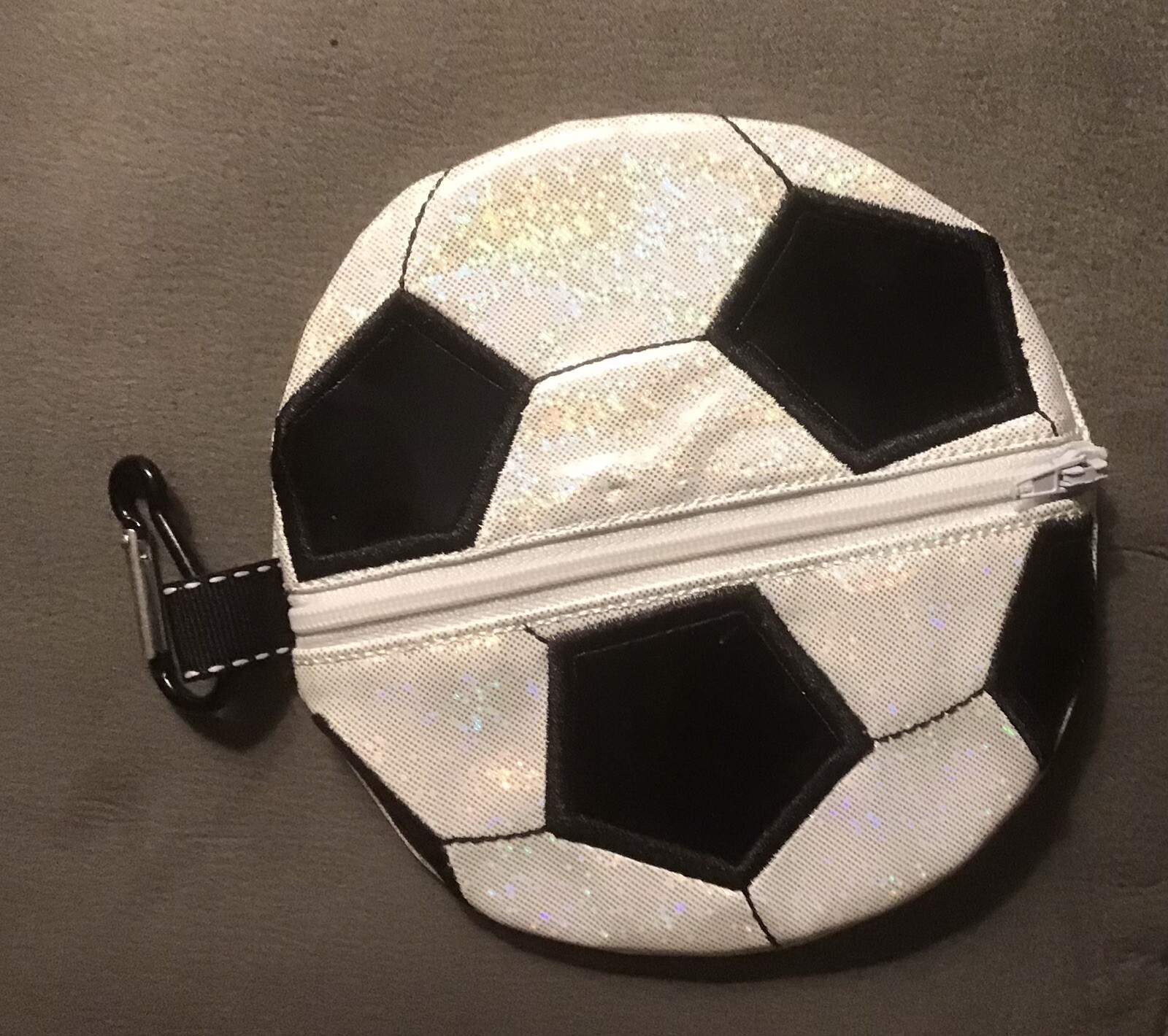 Soccer Zipper Bag—Black Patent With Silvery Sparkles—Carbiner Clip—5 1/2” Round